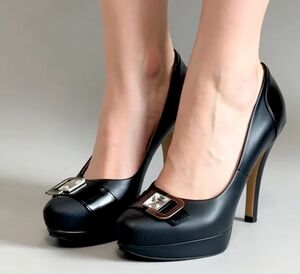 FABIANI Italy Black Leather Crystal Stiletto Heels Platform Pumps Designer Shoes